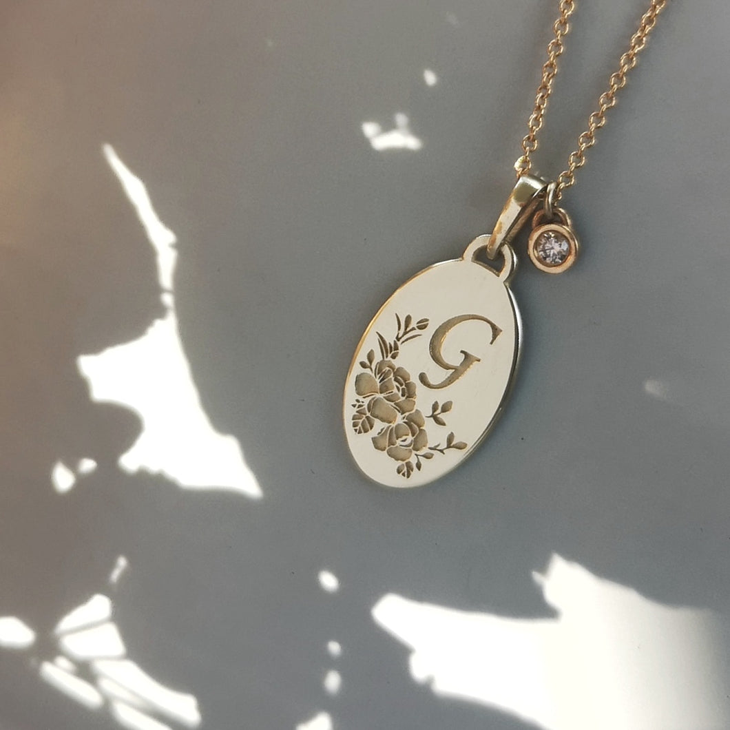 Rose necklace, 14k vintage style birth flower pendant and birthstone charm