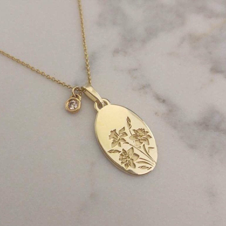 Daffodil flower necklace, vintage style personalized pendant and birthstone charm necklace