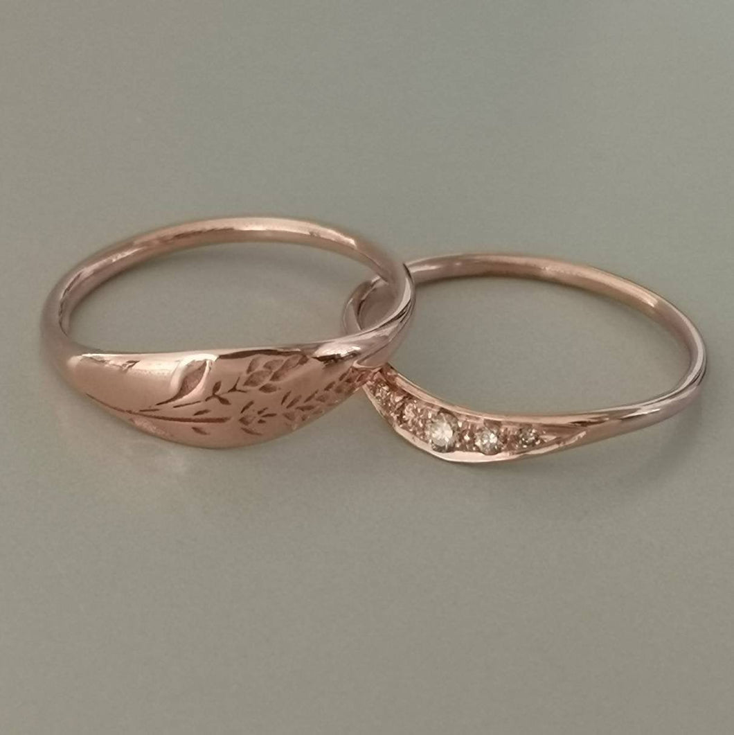 Floral wedding band set, rose gold and Cognac diamonds engagement ring, unique engagement and wedding ring set