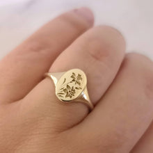 Daffodils signet ring, 14k gold birth flower oval signet