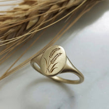 Wheat signet ring, 14k gold oval barley signet