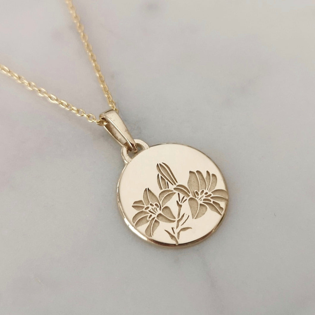 Lily flower necklace, 14k gold unique personalized pendant, engraved flower necklace , personalized Valentine's day gift