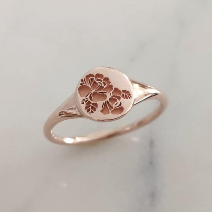 Rose signet ring, 14k rose gold rose signet