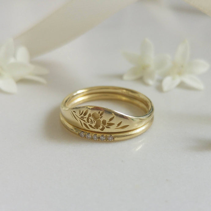 Floral wedding ring set, 14k gold vintage style floral ring set