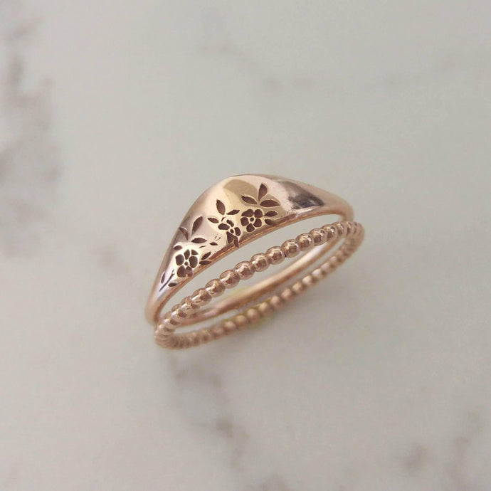 Rose gold ring set, flower ring, delicate bridal ring set, Unique rose gold wedding ring, 14k gold wedding band, flower wedding band