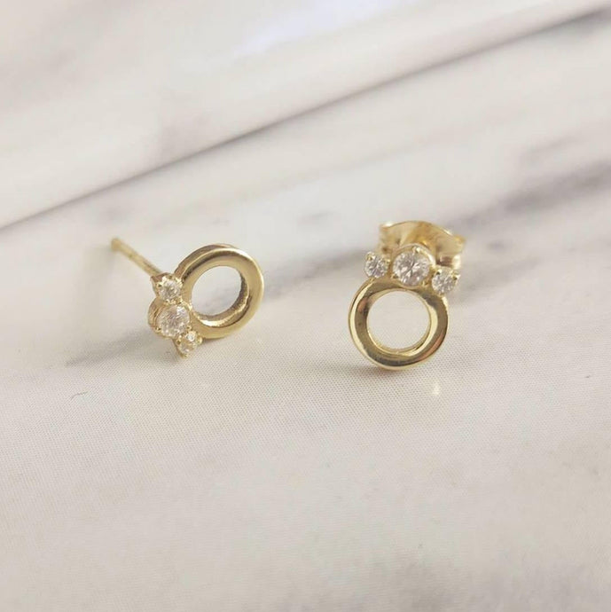 Diamond stud earrings, Diamond crown stud earrings, 14K gold dainty earrings, delicate everyday diamond earrings
