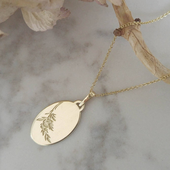 14k gold flower necklace, vintage style oval pendant, unique personalized pendant, floral engraving necklace