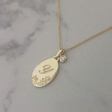 Rose necklace, 14k vintage style oval pendant and birthstone charm