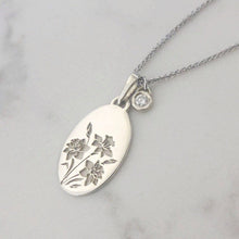Daffodil flower necklace, vintage style oval pendant, unique personalized pendant, floral engraving necklace, birthstone charm necklace
