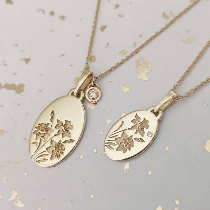 Mini Daffodil necklace, 14k gold vintage style birth flower pendant