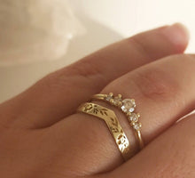 Wedding ring set, 14k vintage style floral band paired with a champagne diamond ring.
