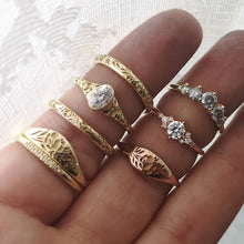 Poppy and lavender ring paired with a thin white diamond band. Unique 14k Gold wedding ring set, flower wedding band