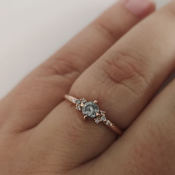 Salt and pepper diamonds engagement ring, Dainty diamond ring, rose gold diamond ring, alternative diamond wedding ring