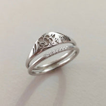 Poppy and lavender ring paired with a thin white diamond band. Unique 14k Gold wedding ring set, flower wedding band