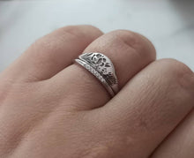 Poppy and lavender ring paired with a thin white diamond band. Unique 14k Gold wedding ring set, flower wedding band