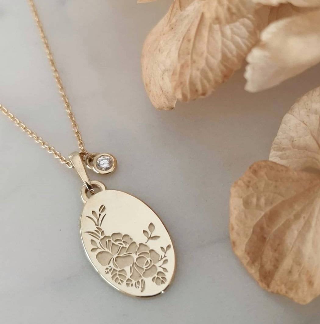 Rose necklace, 14k vintage style oval pendant and birthstone