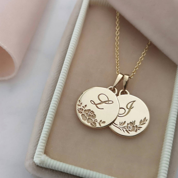 Personalized flowers necklace, 14k gold monogram necklace