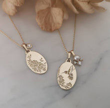 Hummingbird necklace, vintage style oval pendant with diamonds and pearl charm